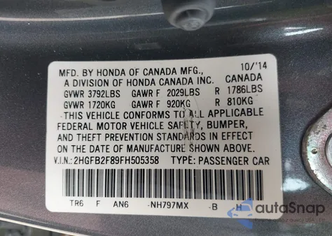 2015 Honda Civic Ex from USA, damaged, VIN 2HGFB2F89FH505358